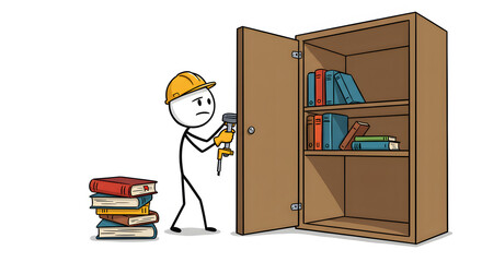 Stickman in hard hat installing lock on wooden cabinet with books. DIY home improvement and security.