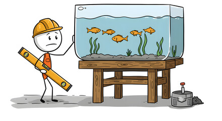 Concerned stick figure worker with spirit level trying to fix an unlevel aquarium. Home repair, DIY challenge concept.