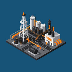 Isometric Oil Refinery and Storage Facility.