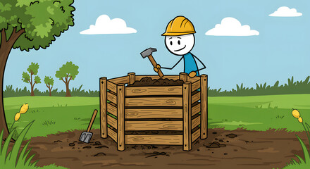 Eco-friendly Composting Project: Cartoon Character Building Wooden Compost Bin in a Green Garden Setting