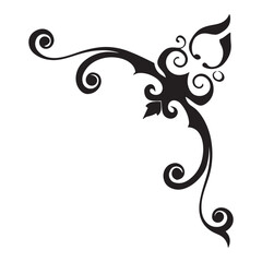 An abstract floral design element featuring a black silhouette vector illustration of ornate swirls, nature-inspired leaves, and decorative scrolls in a curved pattern for an elegant art frame