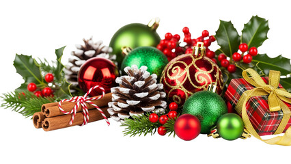 Festive Christmas Decorations Border With Ornaments Holly Pinecones