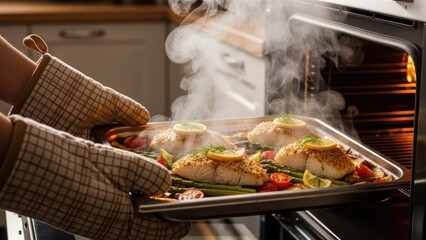 Baked fish fillets with fresh vegetables in oven - cooking process with aromatic ingredients