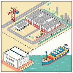 Naklejka premium Isometric Illustration of a Cargo Port with Warehouse and Container Ship