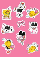 Set of funny cartoon animals, element cute cartoon animals , set stickers of bunny and duck, set of cute  valentines