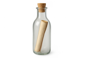 Message in a bottle containing rolled paper scroll