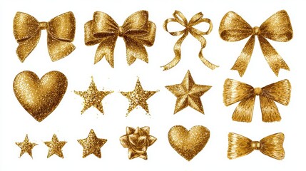 Assortment of shimmering gold bows, stars, and hearts, set on a white background, perfect for festive decorations