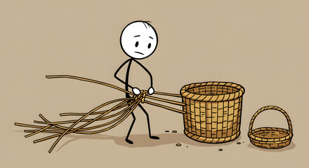 Cartoon person weaving a basket from branches, an illustration of handicraft and manual labor