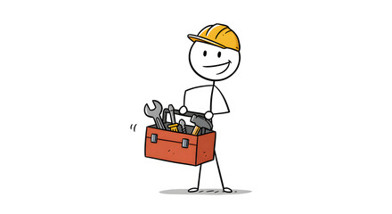 Smiling stick figure worker in hard hat carrying a red toolbox with tools. Hand-drawn illustration for repair, service, and maintenance concepts.