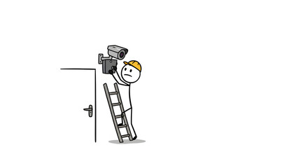 Stick figure installing CCTV camera with ladder. Security system setup.