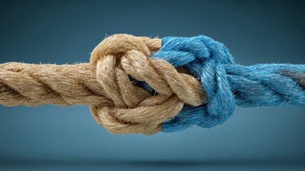 Fototapeta premium Close-up of two intertwined ropes, one tan and one blue, against a soft, gradient-blue backdrop, symbolizing unity