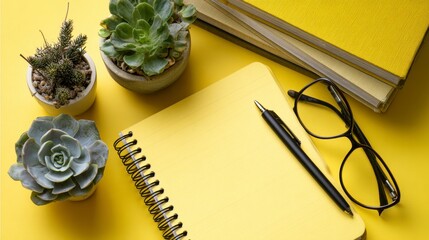 A workspace with a yellow notepad and succulents with glasses and books against a vibrant yellow background