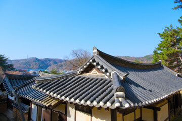 An old house in harmony with nature under the blue sky