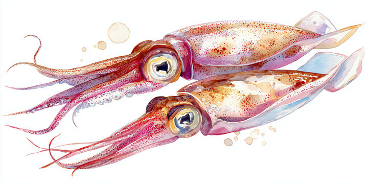 Watercolor illustration of  fresh Squid, hand-painted watercolor style, realistic anatomy, soft pastel tones, subtle texture, isolated on white background