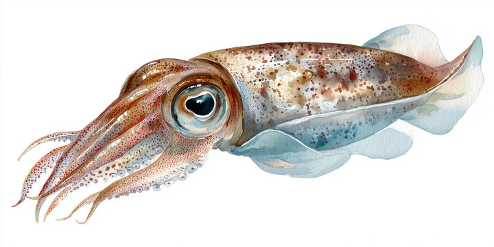 Watercolor illustration of  fresh Squid, hand-painted watercolor style, realistic anatomy, soft pastel tones, subtle texture, isolated on white background
