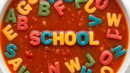 Colorful Alphabet Letters in Tomato Soup.