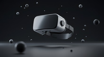 VR headset floats amidst orbs on dark reflective ground
