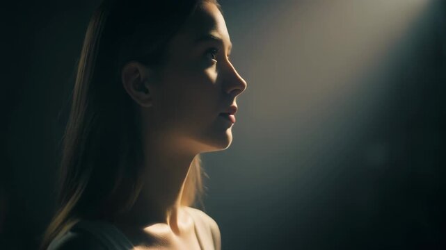 Profile Of Young Woman In White Dress On Dark Background With Spot