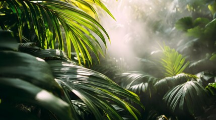Sunlight filtering through lush green tropical rainforest canopy.