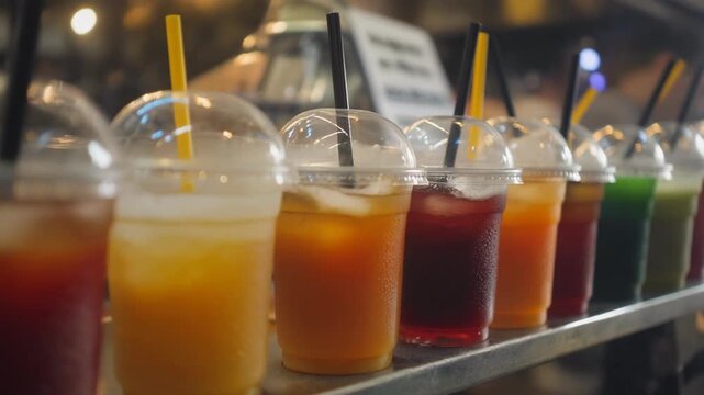 Colorful iced drinks in plastic cups lined at bustling street market stall.