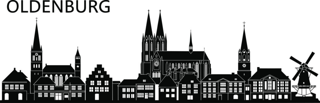 Oldenburg Germany city skyline silhouette vector, black and white landmark architecture illustration, historic buildings, cathedral, church, windmill, urban cityscape travel poster, isolated