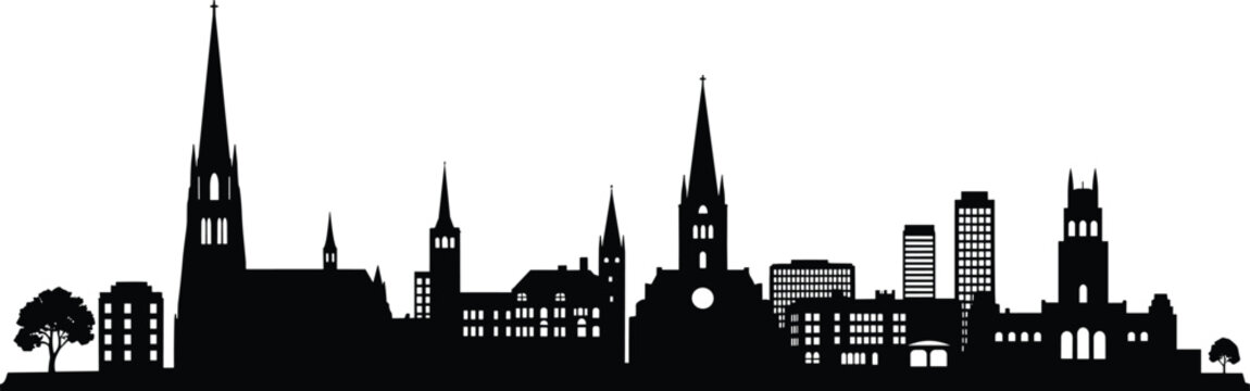 Oldenburg Germany city skyline silhouette vector, historic architectural landmarks including Lamberti church, palace, windmill, urban cityscape travel poster design, black and white, isolated