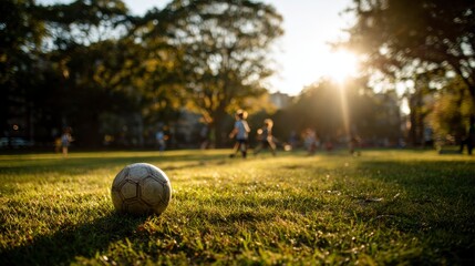 A weathered soccer ball sits in focus on the grass, with blurred children playing in the background at golden hour, bathed in sunlight