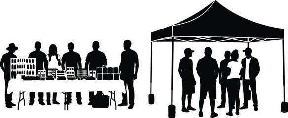 Outdoor market stall silhouettes, street food festival vendors, people shopping at fair, canopy tent and exhibition tables, local community event, vector illustration. © MstBeauti