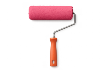 Pink paint roller with orange handle on transparent background