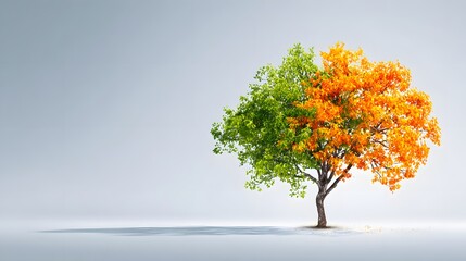 Tree Showing Two Seasons Green Leaves and Orange Autumn Foliage.
