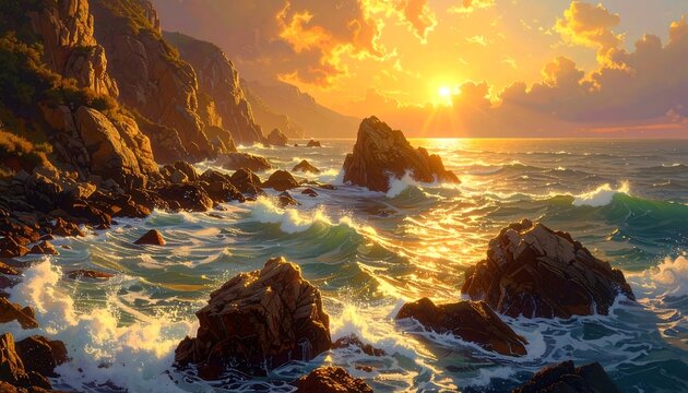 A vibrant sunset casts golden light on coastal rocks and crashing waves, creating a peaceful scene by the water - Powered by Adobe