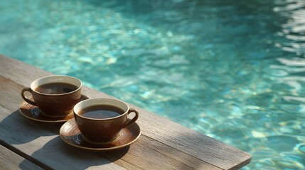 Two Cups of Coffee by the Poolside on a Wooden Deck.