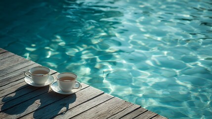 Two cups of tea by the swimming pool on a wooden deck.