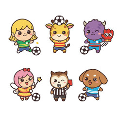Naklejka premium Cute Cartoon Soccer Characters Set with Kids Animals Monster and Owl Referee for Sports Design