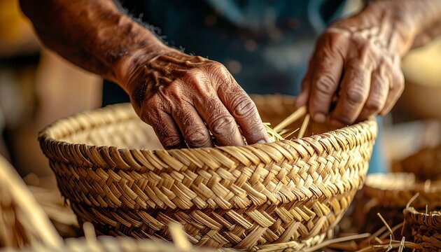Handmade Basket Weaving Process with Artisan Hands and Natural Fibers
