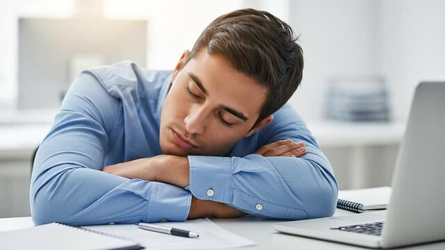 Young Hispanic Man Sleeping at Office Desk with Laptop in Modern Workspace