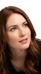 Fototapeta premium A beautiful woman with long brown hair and a subtle smile looks directly at the camera