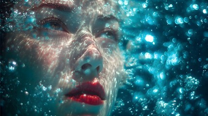Underwater Portrait of a Woman with Bubbles and Light.