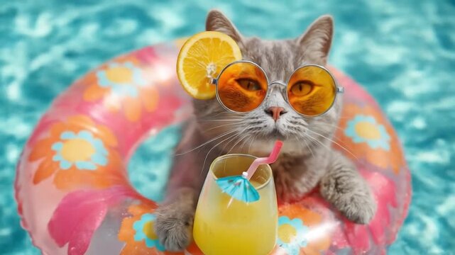 Kitten on a floral donut pool float wearing orange sunglasses sipping a yellow tropical drink, sun