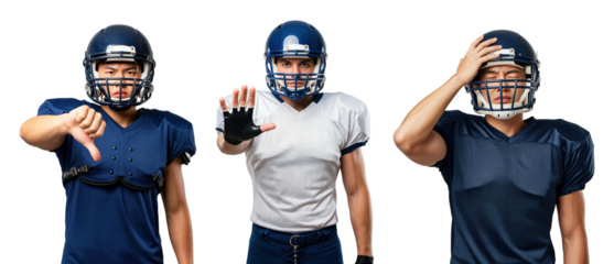 Three Male Athletes Display Emotions in Football Gear: Disapproval, Neutrality, Concern
