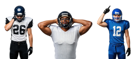 Three Male Football Players in Different Jerseys Expressing Emotions on transparent background