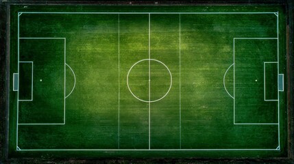 Obraz premium Aerial view of a well-maintained football pitch with clearly defined markings and goal areas, showcasing a symmetrical design