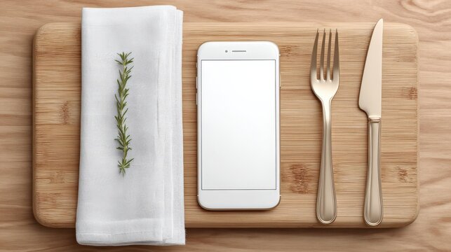 Digital technology and culinary elements are arranged together on a wooden surface for a meal concept - Powered by Adobe