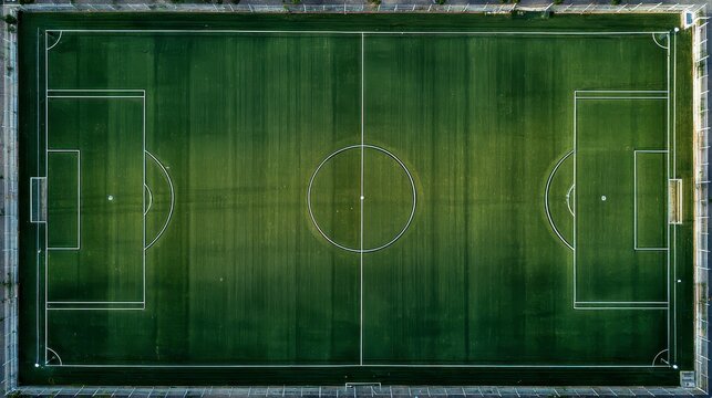 Bird's-eye view of a meticulously maintained rectangular playing field with goalposts and markings. Lines delineate the playing area