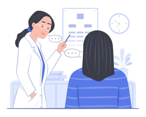Ophthalmologist Eye Doctor Tests the Patient's Eyesight with Snellen Chart in Hospital's Optometry Clinic for Eye Health Check-Up, Visual Acuity Test and Optical Healthcare Concept Illustration