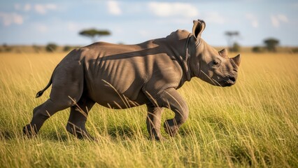 Naklejka premium Young rhinoceros calf walking in african savanna grasslands during daytime
