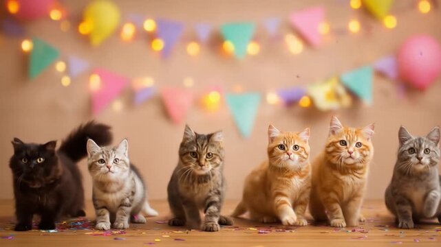 Six kittens sit in a row beneath pastel pennants and confetti for a cozy, festive shot. So adorable