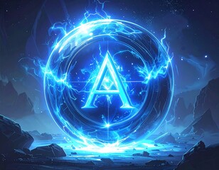 Glowing blue orb containing a large 'A' with lightning against a night sky