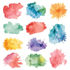 Set of colorful abstract watercolor splashes and paint brush strokes, hand drawn artistic blobs