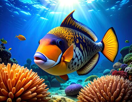 Colorful triggerfish swims in a vibrant coral reef with sun rays piercing through the turquoise water above